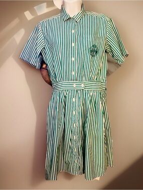 Eddie Bauer Vintage, Small Green white vertical stripe Button-front Shirt Dress